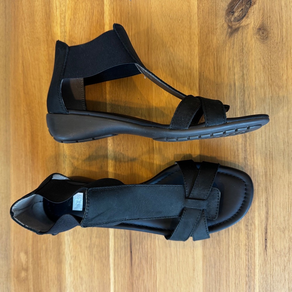 The FLEXX Womens 8 EU 39 Black Leather Low Wedge Heel Slingback Sandals Italy